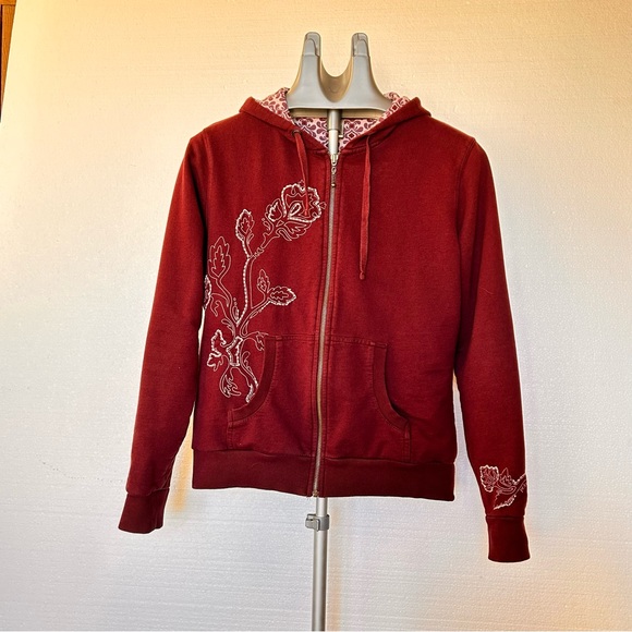 Prana Tops - prAna Embroidered Zip Hoodie Burgundy Red Floral Medium